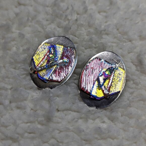 Vintage Sterling Silver and Dichroic Glass Accent Clip Earrings - Picture 1 of 8